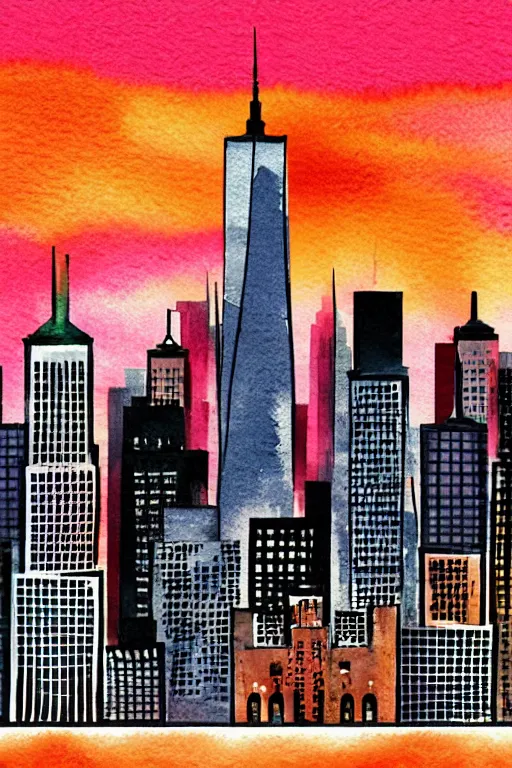 Prompt: minimalist watercolor art of new york skyline at sunset, illustration, vector art