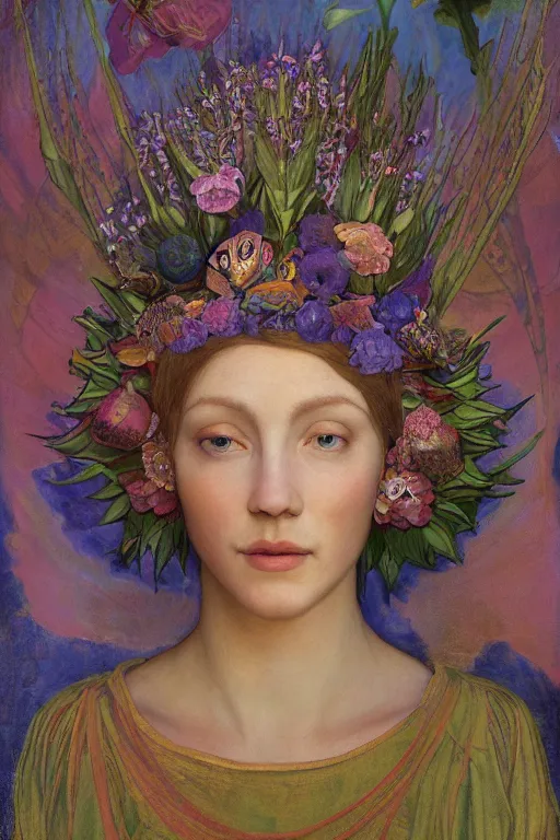 Image similar to queen of flowers, by Annie Swynnerton, and Tino Rodriguez and Nicholas Roerich, elaborate headdress and embroidered velvet, iridescent beetles, rich color, dramatic cinematic lighting, extremely detailed, featured on artstation