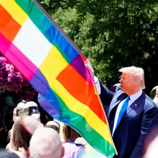 Image similar to donald trump waving a rainbow flag at a pride parade