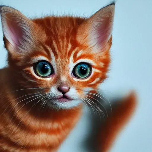 Image similar to orange kitten big eyes a lot of fur cute highly detailed high - quality photo realistic 8 k