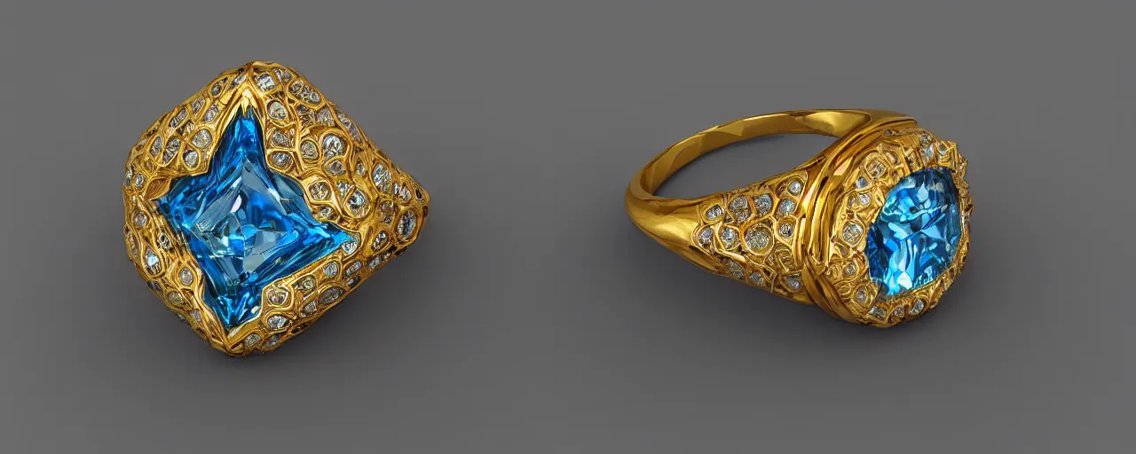 Image similar to simple golden magic crystal ring, radiant cut, ice, blue, gold, smooth shank, crystal, engravings, diamonds, product design, jewelry, colorful, art by gerald brom, greg rutkowski and artgerm, photo realism, unreal engine, c 4 d