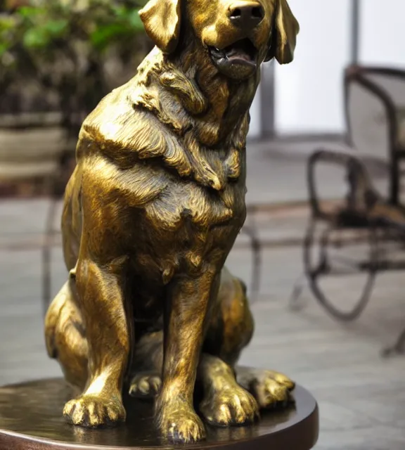 Prompt: a 4 k photorealistic photo medium shot of a bronze statue of a golden retriever.