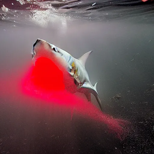 Image similar to A great white shark with red laser light emanating from its eyes, underwater photography, creepy, 8k