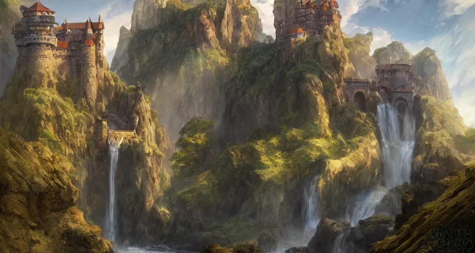 Image similar to A beautiful digital painting of a castle, waterfall, lovely valley by Stanley Artgerm Lau, frank frazetta, Rossdraws, James Jean, gerald brom, Andrei Riabovitchev, Marc Simonetti, and Sakimichan, trending on artstation