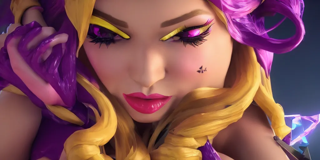 Prompt: still of pretty KDA More Miss Fortune (wild rift) close up in KDA More music video. 3d render, octane render, game art, realistic, highly detailed, trending on artstation, 4k, trending on artstation, pixar, cgsociety, unreal engine 5, redshift render, trending on artstation, blender, behance, cg