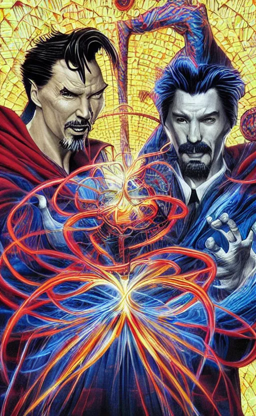 Image similar to hyper realistic third first image on the scattered absurdity server, dr strange and dr seuss, very pretty, portal hopping and time warping with reckless abandon, by alex grey