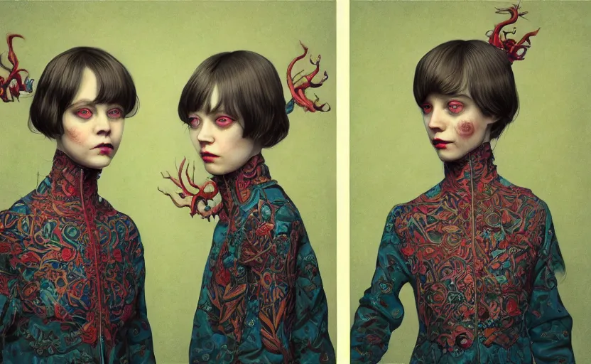 Image similar to creepy twins in victoria clothes:: by Martine Johanna and Simon Stålenhag and Chie Yoshii and Casey Weldon and Guillermo del toro :: ornate, dynamic, particulate, intricate, elegant, highly detailed, centered, artstation, smooth, sharp focus, octane render, 3d