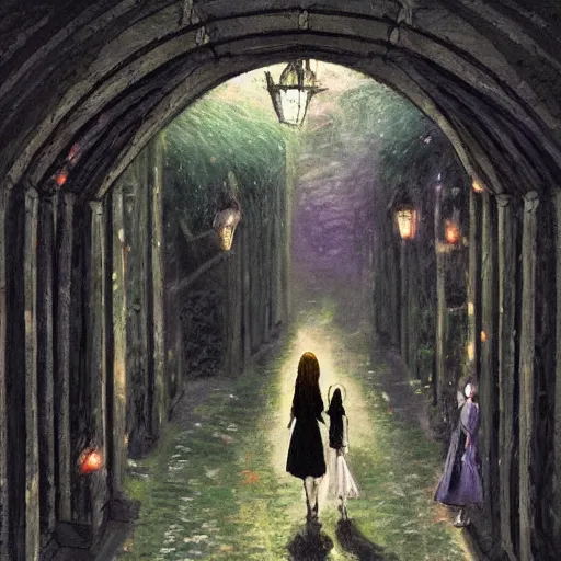 Prompt: harry potter and hermione hand in hand walking in hogwarts yard, elves around, lovely, lightly dark theme, harry potter theme, by monet, trending on artstation