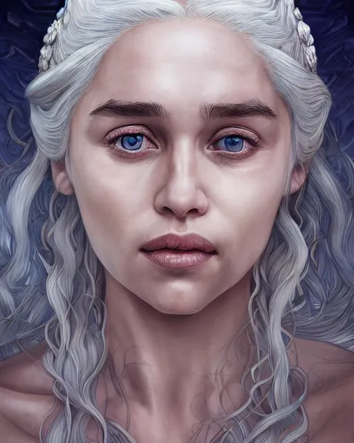 Prompt: Daenerys Targaryen as a mermeid with a piercing gaze with hair as bikini in an underwater magical forest, highly detailed face, realistic face, beautiful detailed eyes, fantasy art, in the style of artgerm, illustration, epic, fantasy, intricate, hyper detailed, artstation, concept art, smooth, sharp focus, ray tracing, vibrant, photorealistic