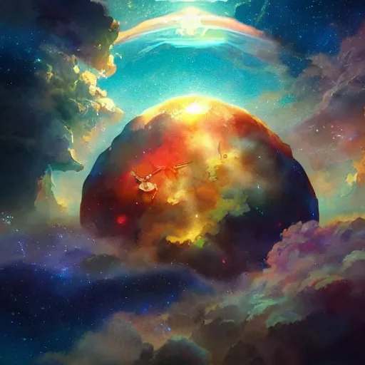 Prompt: a supernova consuming its solar system, realistic, fantasy, digital art, illustration, vibrant watercolor, warm fantasy lighting, wenjun lin, studio ghibli, pixiv, reflections, refractions, film grain