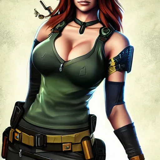 Image similar to concept art illustration of christina hendricks as lara croft anime protagonist, art by artgerm and rosstran