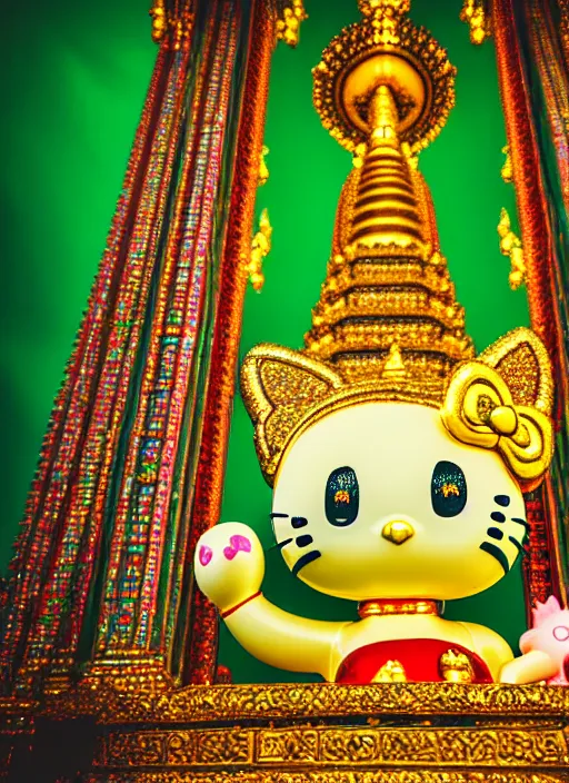 Image similar to emerald buddha temple with hello kitty theme, high lights, 4 k, high detailed photography, 5 0 mm lens, depth of field, cinematic