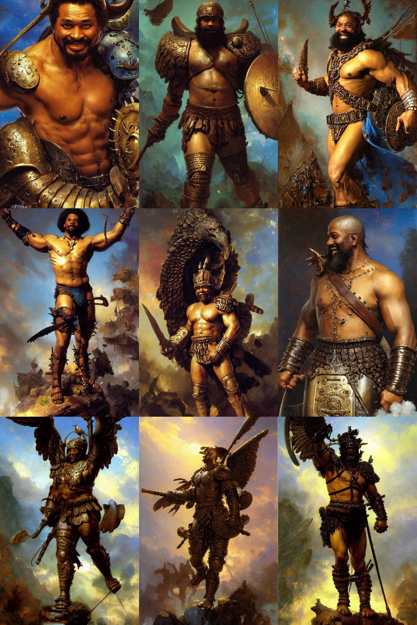 Prompt: friendly, smiling spartan, black skin. Oily muscles. long thick black beard. Big smile. Eagle wings. Intricate Bronze armour with large blue gems. Masterwork oil painting. By Rembrandt. By Thomas Kinkade. By Frank Frazetta. By Ross Tran.