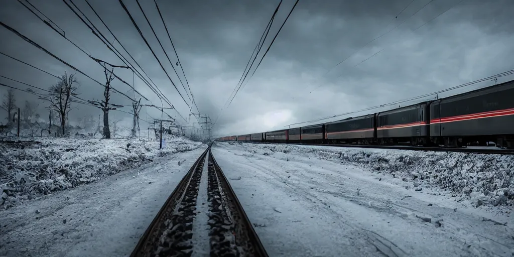 Image similar to a german ice train driving through a hellscape, speed, cinematic, apocalyptic, film still