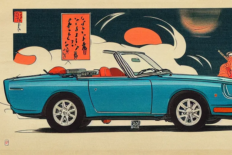 Prompt: ukiyo - e painting of a 1 9 6 9 datsun fairlady roadster