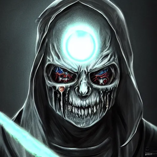 Prompt: photorealistic dark fantasy concept art of ultra horror nightmare sans with his eye glowing, dynamic lighting, stunning visuals, ray tracing, beautiful scenery, cinematic, full body portrait, ultra detailed, hyper detail, stunning detail