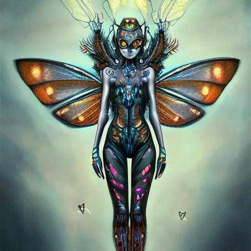 Image similar to realistic illustration of a beautiful mechanical faerie queen with glowing eyes, moth wings with geometric patterns, reflective detailed textures, highly detailed dark fantasy science fiction painting, silver and cool colors, artstation