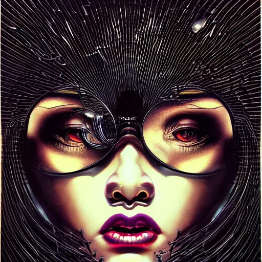 Prompt: portrait closeup of screaming black reflective glossy dark woman, sensual pose, symmetrical, glitches, snakes, by yoichi hatakenaka, masamune shirow, josan gonzales and dan mumford, ayami kojima, takato yamamoto, barclay shaw, karol bak, yukito kishiro, moebius