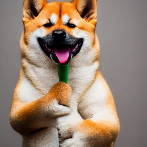 Image similar to close - up portrait of shiba inu holding huge mace in paws, ( eos 5 ds r, iso 1 0 0, f / 8, 1 / 1 2 5, 8 4 mm, postprocessed, sharp )