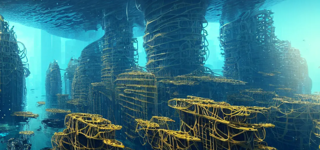 Image similar to cyberpunk civilization underwater built with shinny golden buildings by antoni gaudi, bridges and pipe roads by wlop, underwater light rays, bubbles, old kelp forest, corals at flynn reef, national geographic, rule of thirds, octane render sidefx isotropix nvidia omniverse materialx osl redshift arnold unreal engine, hyper detailed, sharp focus