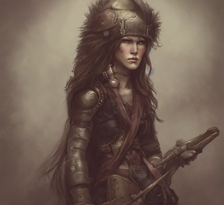 Prompt: a rugged female warrior in the style of tom bagshaw