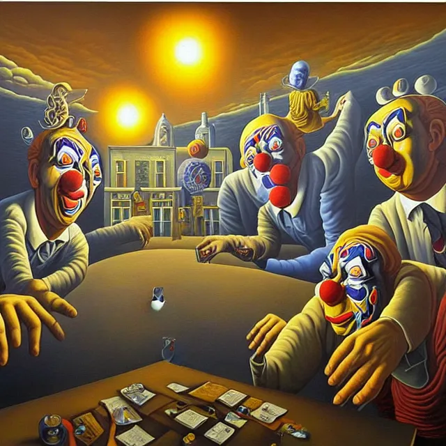 Prompt: an oil on canvas painting of a clowns having an argument over the meaning of life, surrealism, surrealist, cosmic horror, rob gonsalves, high detail