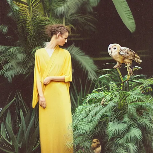 Image similar to head to shoulder portrait Polaroid film photograph of an elegant top model wearing a yellow kimono with a very detailed barn owl on her shoulder!!! in a tropical greenhouse. looking at the camera!!. super resolution. Polaroid 600 film. art by Alessio albi and john william waterhouse and Annie Leibovitz.