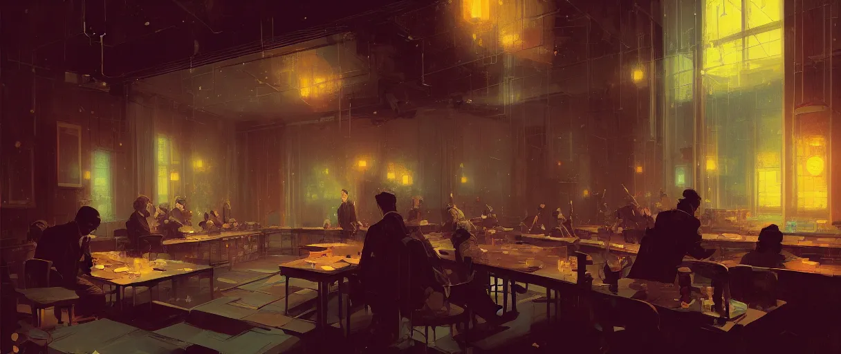 Prompt: solvay conference 1 9 2 7 - cinematic lighting - art, by wlop, james jean, victo ngai! muted colors, very detailed, art fantasy by craig mullins, thomas kinkade cfg _ scale 8