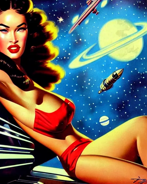 Prompt: closeup beautiful retro space megan fox varga girl, posing on a chrome space ship in diesel punk city, windblown dark hair, retro pinup model, seductive, 1 9 4 0, hyper detailed, digital art, smooth, sharp focus, gil elvgren,
