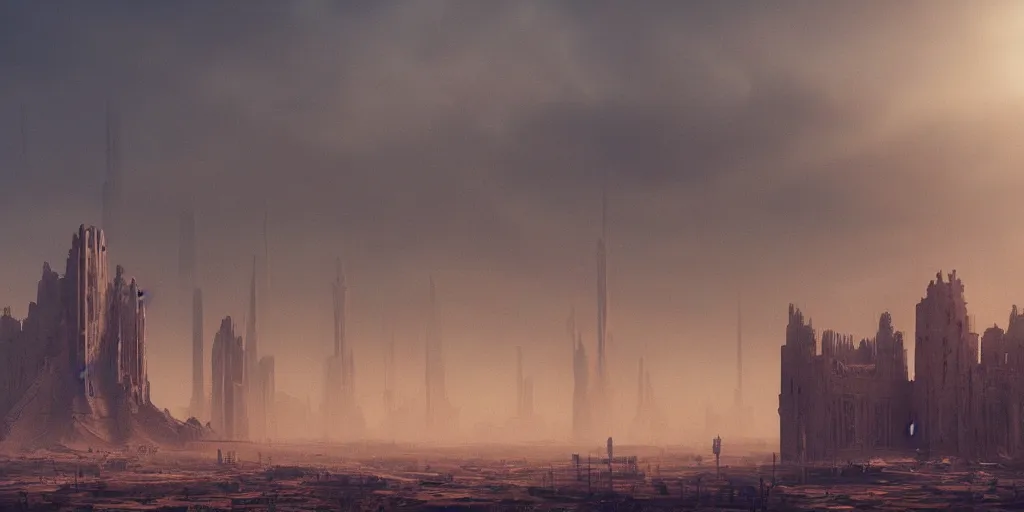 Image similar to tower!!!!!!!!, towers!!!!!!!!, babel, babylon, derelict, tall, ancient, atmospheric, beautiful, concept art, desert, civilisation, artstation, hazy, matte painting, highly detailed, volumetric lighting, rays, moody, golden hour, dawn, octane render, digital art, global illumination, city, burning