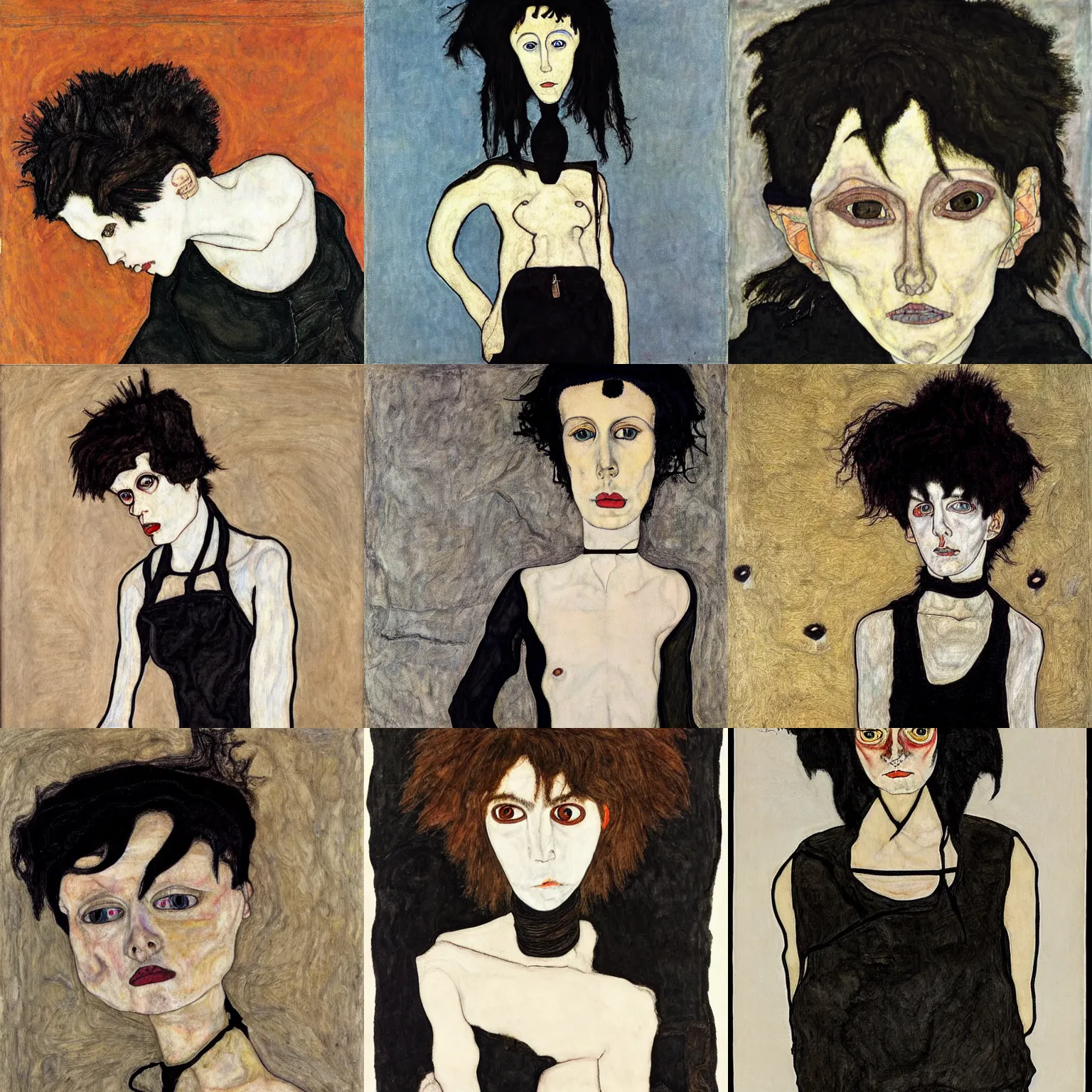 Prompt: an emo by egon schiele. her hair is dark brown and cut into a short, messy pixie cut. she has large entirely - black evil eyes. she is wearing a black tank top, a black leather jacket, a black knee - length skirt, a black choker, and black leather boots.