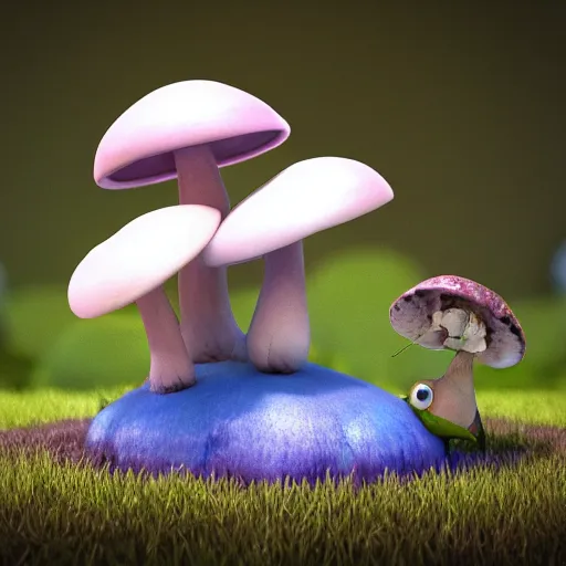 Image similar to cute rate sitting on a mushroom, still from a pixar movie, 3d render, CGsociety, blender, octane render, beautiful lighting