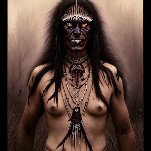 Image similar to evil native american skinwalker transformation, horror demon, heroic lighting, dark fantasy, intricate, elegant, highly detailed, lifelike, photorealistic, digital painting, artstation, illustration, concept art, smooth, sharp focus, art by John Collier and Albert Aublet and Krenz Cushart and Artem Demura and Alphonse Mucha