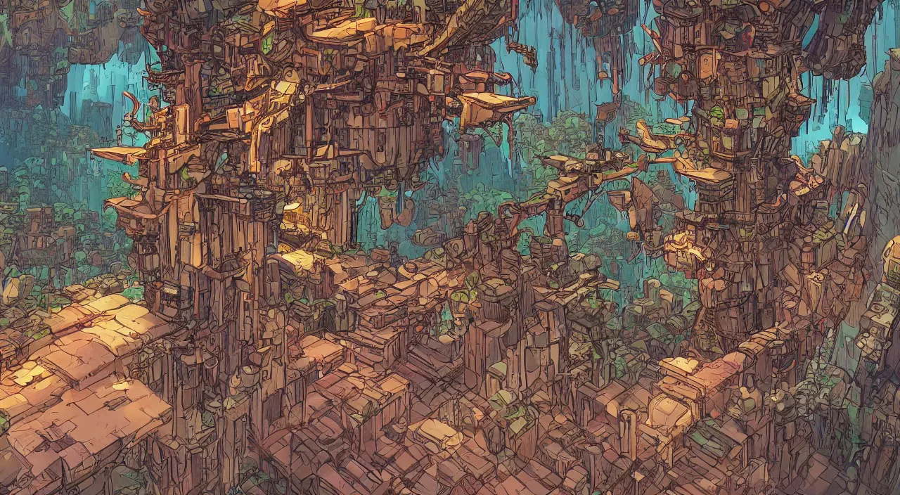 Prompt: open door wood wall fortress airship greeble block amazon jungle on portal unknow world ambiant fornite colorful that looks like it is from borderlands and by feng zhu and loish and laurie greasley, victo ngai, andreas rocha, john harris