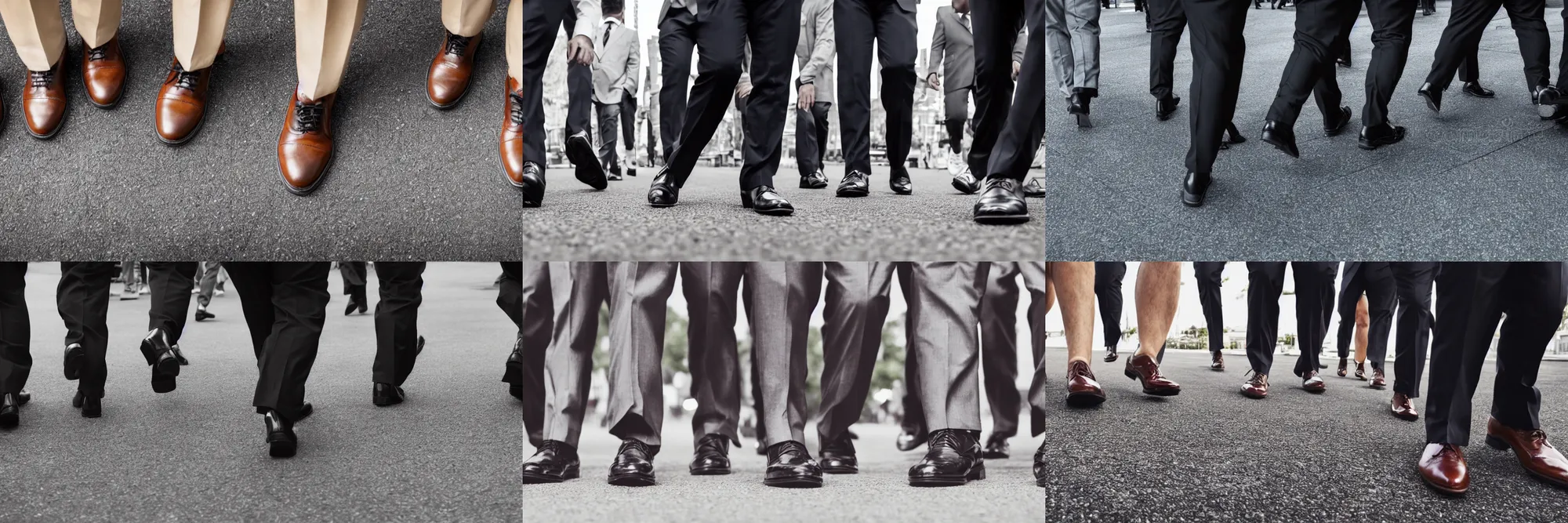 Prompt: low angle view of the feet and shoes and legs of a group of chubby business men walking past, cinematic