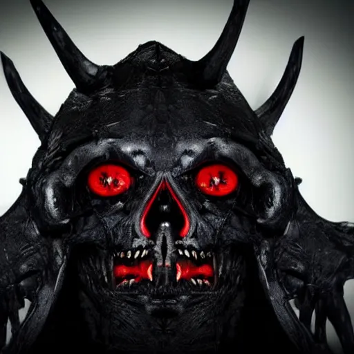 Image similar to a close up view of a demonic looking creature, large, black demonic hat, dark, symmetrical eyes, wide skull face, symmetrical eyes, dark hair, dark armor, dark