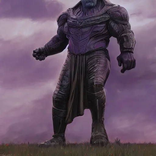 Prompt: An imposing statue of Thanos on the field by Mandy Jurgens