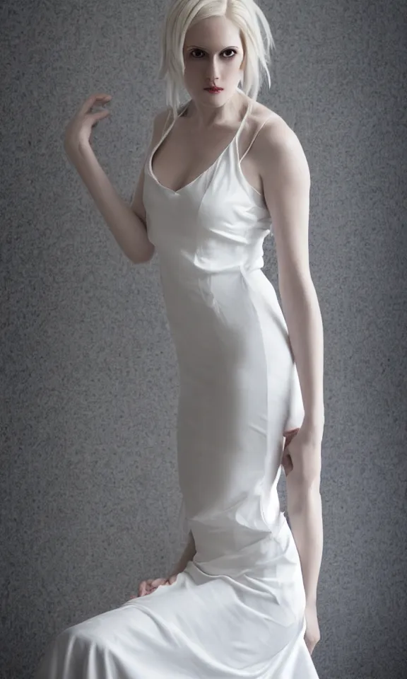 Image similar to photo of gorgeous seductive tall emily skinner cosplaying annie leonhart wearing elegant white dress, wearing open toe heels, in a white room, beautiful face, pale skin, rule of thirds, cinematic lighting, sharp focus, backlit, stunning, smooth, hard focus, full body shot, studio photo, shot on sony a 7 iii