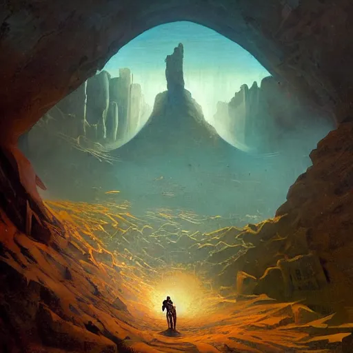 Prompt: A fresco painting of a nomadic wanderer traversing a corrupted futuristic crystal desert by Jacek Yurka, Kelly Freas, Filip Hodas, Paul Lehr, Dan Mumford, Max Ernst, Roger Dean, Caspar David Friedrich, Barclay Shaw, Jeffrey Smith, Dan McPharlin