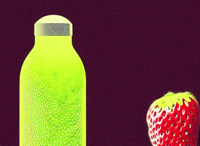 Image similar to ( ( dithered ) ), strawberries blueberries sliced kiwi sliced lemon inside a clear drinking bottle, isometric, modern art deco, mads berg, karolis strautniekas, christopher balaskas, stippled light, fog, moody, fine texture, editorial illustration, dramatic lighting, dynamic composition, detailed, matte print, muted color