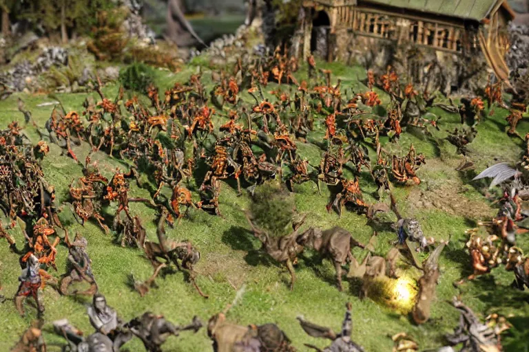 Image similar to photo taken of an epic intricate, ultra detailed miniature modular, battlefield diorama created by weta workshop, zoomed in shots focussing an army of high elves battling a horde of orcs, with highly detailed exquisitely painted 3 d printed characters, cinematic wide shot, photorealistic, sharp focus, f 0. 4, low angle shot, macro, golden ratio, golden hour