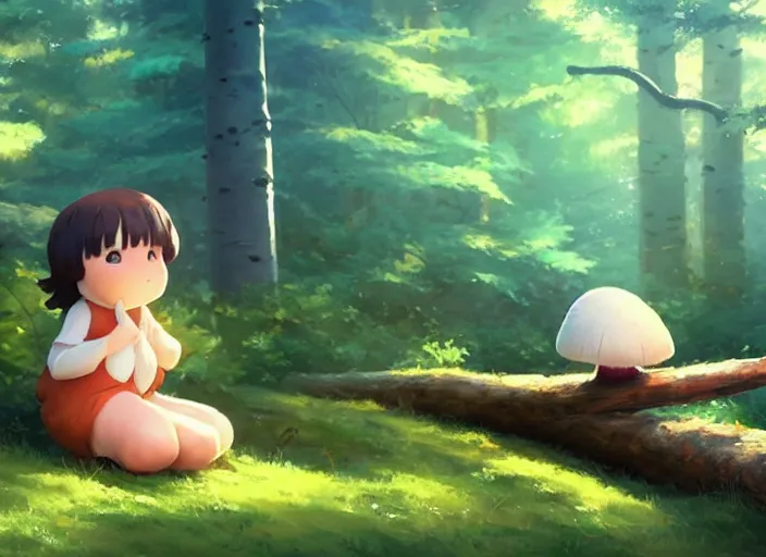Prompt: a small, cute and chubby mushroom creature, she's sitting on a log in an aspen forest, atmospheric lighting, sun rays through the trees, by makoto shinkai and krenz cushart