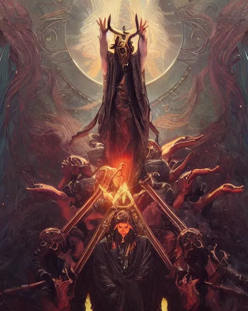 Prompt: '' Heavy metal musician invoking satan, high detail, 4k , digital painting, artstation, concept art, sharp focus, illustration, art by greg rutkowski and alphonse mucha ''