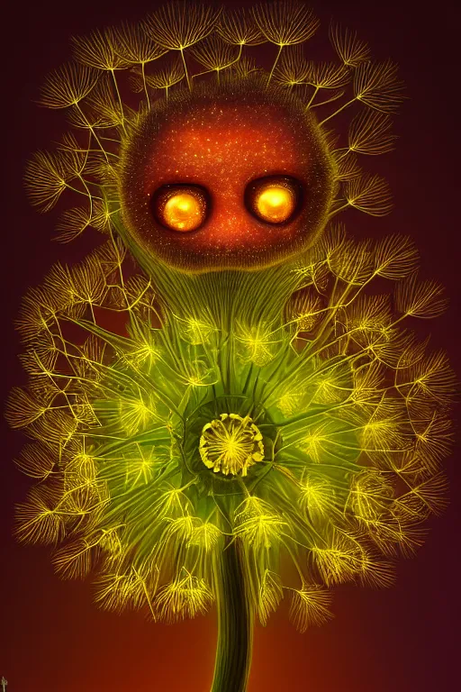 Image similar to glowing dandelion plant monster, amber eyes, highly detailed, digital art, sharp focus, ambient lighting, autumn, trending on art station, anime art style