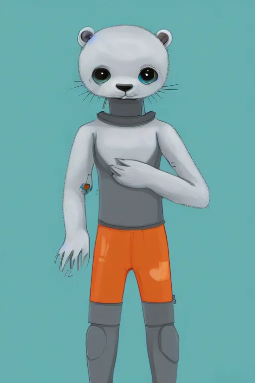 Prompt: photo of a cute male gray turquoise white orange otter fursona wearing tight futuristic clothes a city, fantasy, paws, 8 k resolution, hyper detailed, character design