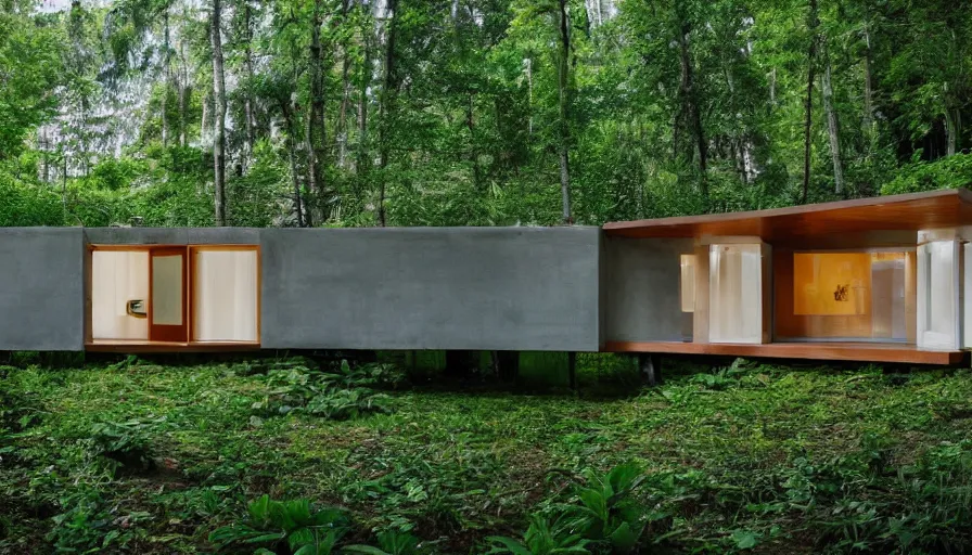 Image similar to A wide image of a full innovative contemporary 3D printed prefab sea ranch style cabin with rounded corners and angles, beveled edges, made of cement and concrete, organic architecture, in a lush green forest Designed by Gucci and Wes Anderson, golden hour