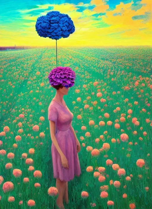 Image similar to woman with a giant carnation as a face, flower field, surreal photography, sunset dramatic light, impressionist painting, colorful clouds, blue sky, digital painting, artstation, simon stalenhag