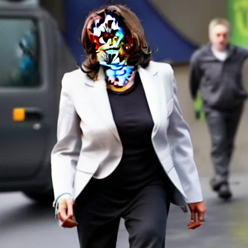 Image similar to kamala harris dressed up in hardcore gangbanger cosplay with face tattoos