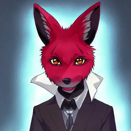 Image similar to key anime visual professional art of a close shot of an anthropomorphic black male fox anthro fursona, wearing a pomegrante colored business suit, handsome male eyes, anime office interior, official anime still