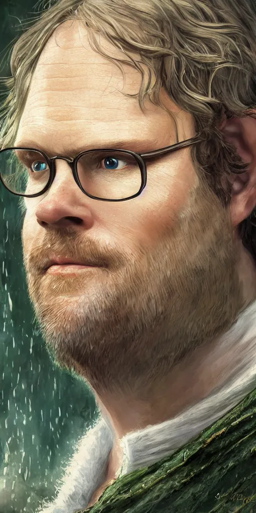 Prompt: close-up of Rainn Wilson as an tolkien elf, highly detailed, sharp focus, digital painting, artwork by Victor Adame Minguez + Yuumei + Tom Lovell + Sandro Botticelli